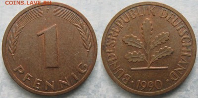 24.Ходячка ФРГ 1 пфенниг 1949-1995г. - 24.46. -ФРГ 1 пфенниг 1990 F    7130