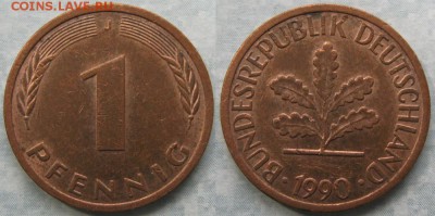 24.Ходячка ФРГ 1 пфенниг 1949-1995г. - 24.48. -ФРГ 1 пфенниг 1990 J    175-к16-7653