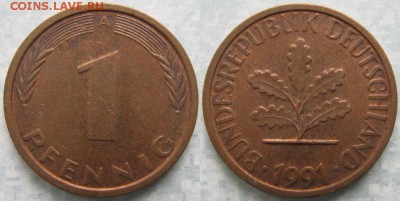24.Ходячка ФРГ 1 пфенниг 1949-1995г. - 24.49. -ФРГ 1 пфенниг 1991 A    7213