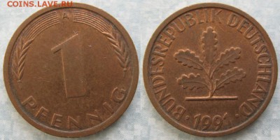 24.Ходячка ФРГ 1 пфенниг 1949-1995г. - 24.50. -ФРГ 1 пфенниг 1991 A    7279