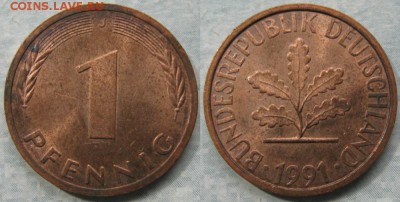 24.Ходячка ФРГ 1 пфенниг 1949-1995г. - 24.52. -ФРГ 1 пфенниг 1991 J    175-к16-7693