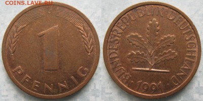 24.Ходячка ФРГ 1 пфенниг 1949-1995г. - 24.53. -ФРГ 1 пфенниг 1991 J    7212