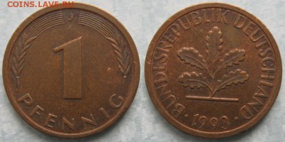 24.Ходячка ФРГ 1 пфенниг 1949-1995г. - 24.55. -ФРГ 1 пфенниг 1993 J    7190