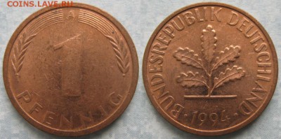 24.Ходячка ФРГ 1 пфенниг 1949-1995г. - 24.56. -ФРГ 1 пфенниг 1994 A    7246
