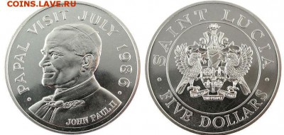 Крона Шайба Санта Лючия 5$ долларов 1986 Визит Папы Римского - coin-image-5_Dollar-a-Saint_Lucia-CeUK_j7g7aMAAAE0B5vJlmYj