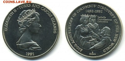 Шайба Теркс и Кайкос 5 крона 1991 500 лет открытиям Колумба - 4dc5690634977