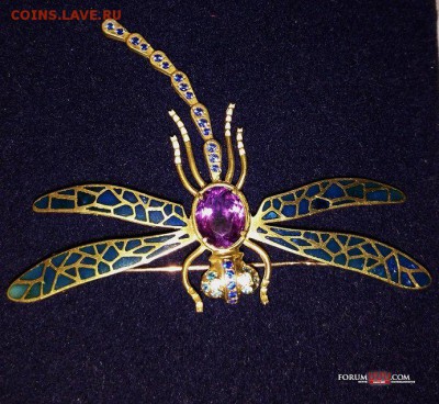 Стрекоза, брошь 750 проба, аметист фианиты - 0