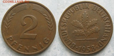 25.Ходячка ФРГ 2 пфеннига 1950-1995г. - 25.3. -ФРГ 2 пфеннига 1958 F    7063