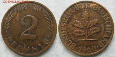 25.Ходячка ФРГ 2 пфеннига 1950-1995г. - 25.5. -ФРГ 2 пфеннига 1960 D    175-ас32-7645