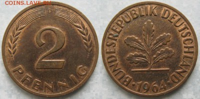 25.Ходячка ФРГ 2 пфеннига 1950-1995г. - 25.13. -ФРГ 2 пфеннига 1964 D     175-ас32-7612