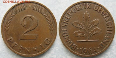 25.Ходячка ФРГ 2 пфеннига 1950-1995г. - 25.14. -ФРГ 2 пфеннига 1964 F    174-ас30-7486