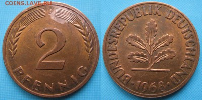 25.Ходячка ФРГ 2 пфеннига 1950-1995г. - 25.24. -ФРГ 2 пфеннига 1968 J ж   166-к8-5089