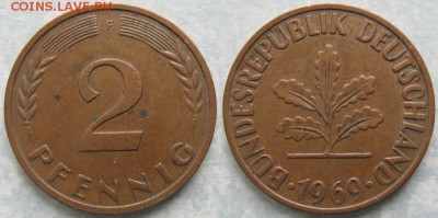 25.Ходячка ФРГ 2 пфеннига 1950-1995г. - 25.25. -ФРГ 2 пфеннига 1969 F ж    6954