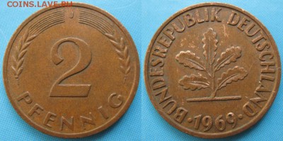 25.Ходячка ФРГ 2 пфеннига 1950-1995г. - 25.26. -ФРГ 2 пфеннига 1969 J  ж   166-ас7-5127