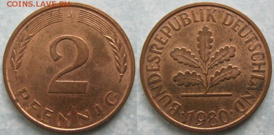 25.Ходячка ФРГ 2 пфеннига 1950-1995г. - 25.33. -ФРГ 2 пфеннига 1980 J    7038