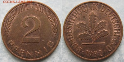 25.Ходячка ФРГ 2 пфеннига 1950-1995г. - 25.35. -ФРГ 2 пфеннига 1982 D    7090