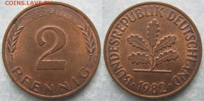 25.Ходячка ФРГ 2 пфеннига 1950-1995г. - 25.36. -ФРГ 2 пфеннига 1982 G    6861