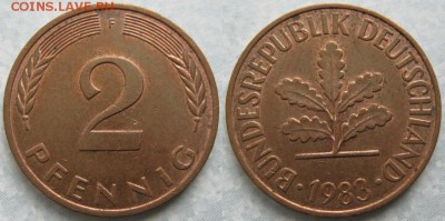 25.Ходячка ФРГ 2 пфеннига 1950-1995г. - 25.37. -ФРГ 2 пфеннига 1983 F    7047