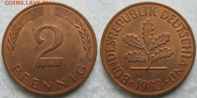 25.Ходячка ФРГ 2 пфеннига 1950-1995г. - 25.38. -ФРГ 2 пфеннига 1983 J    7036