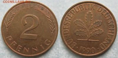 25.Ходячка ФРГ 2 пфеннига 1950-1995г. - 25.43. -ФРГ 2 пфеннига 1990 D    7041