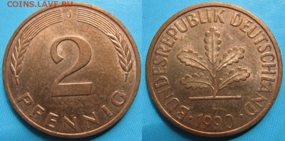 25.Ходячка ФРГ 2 пфеннига 1950-1995г. - 25.44. -ФРГ 2 пфеннига 1990 J    166-к8-5085
