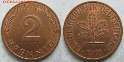 25.Ходячка ФРГ 2 пфеннига 1950-1995г. - 25.47. -ФРГ 2 пфеннига 1991 J    7028