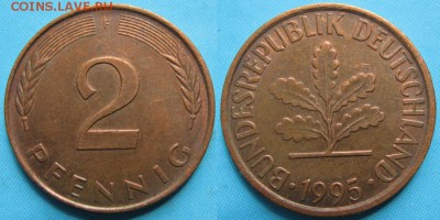 25.Ходячка ФРГ 2 пфеннига 1950-1995г. - 25.50. -ФРГ 2 пфеннига 1995 F    166-к8-5081