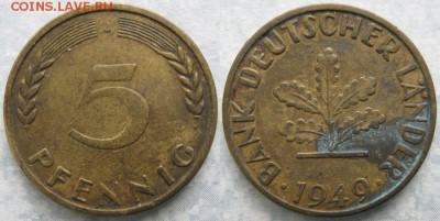 26.Ходячка ФРГ 5 пфеннигов 1949-1995г. - 26.2. -ФРГ 5 пфеннигов 1949 J    7563