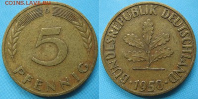 26.Ходячка ФРГ 5 пфеннигов 1949-1995г. - 26.3. -ФРГ 5 пфеннигов 1950 D    166-к11-5161