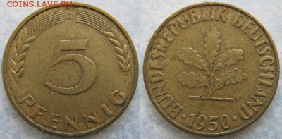 26.Ходячка ФРГ 5 пфеннигов 1949-1995г. - 26.5. -ФРГ 5 пфеннигов 1950 G    7471