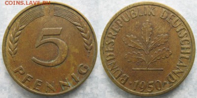 26.Ходячка ФРГ 5 пфеннигов 1949-1995г. - 26.7. -ФРГ 5 пфеннигов 1950 J м   7562