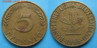 26.Ходячка ФРГ 5 пфеннигов 1949-1995г. - 26.8. -ФРГ 5 пфеннигов 1966 D    167-ас16-5353