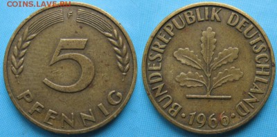 26.Ходячка ФРГ 5 пфеннигов 1949-1995г. - 26.10. -ФРГ 5 пфеннигов 1966 F    167-ас16-5359
