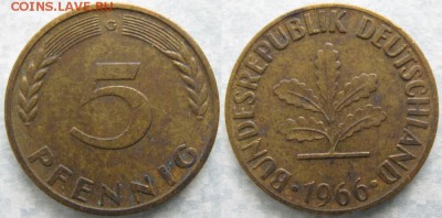 26.Ходячка ФРГ 5 пфеннигов 1949-1995г. - 26.11. -ФРГ 5 пфеннигов 1966 G    7561