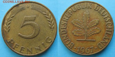 26.Ходячка ФРГ 5 пфеннигов 1949-1995г. - 26.13. -ФРГ 5 пфеннигов 1967 D    166-ас8-5148