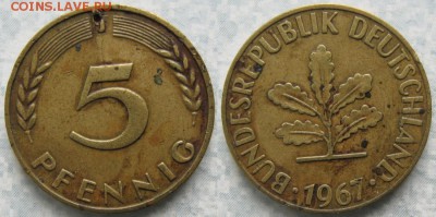 26.Ходячка ФРГ 5 пфеннигов 1949-1995г. - 26.15. -ФРГ 5 пфеннигов 1967 J    6435