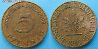 26.Ходячка ФРГ 5 пфеннигов 1949-1995г. - 26.16. -ФРГ 5 пфеннигов 1968 D    166-ас8-5155