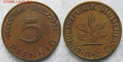 26.Ходячка ФРГ 5 пфеннигов 1949-1995г. - 26.17. -ФРГ 5 пфеннигов 1968 F    6699