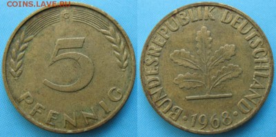 26.Ходячка ФРГ 5 пфеннигов 1949-1995г. - 26.18. -ФРГ 5 пфеннигов 1968 G    166-ас8-5142