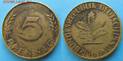 26.Ходячка ФРГ 5 пфеннигов 1949-1995г. - 26.19. -ФРГ 5 пфеннигов 1968 G    166-ас8-5156