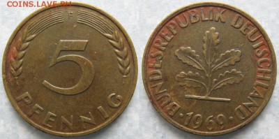 26.Ходячка ФРГ 5 пфеннигов 1949-1995г. - 26.22. -ФРГ 5 пфеннигов 1969 F    6838