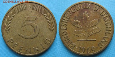 26.Ходячка ФРГ 5 пфеннигов 1949-1995г. - 26.23. -ФРГ 5 пфеннигов 1969 G    167-ас16-5355