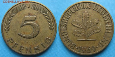 26.Ходячка ФРГ 5 пфеннигов 1949-1995г. - 26.24. -ФРГ 5 пфеннигов 1969 J    167-ас16-5356