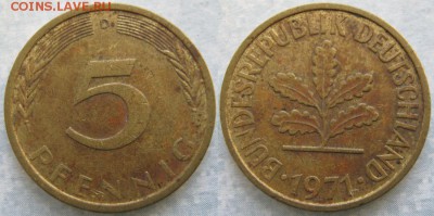 26.Ходячка ФРГ 5 пфеннигов 1949-1995г. - 26.25. -ФРГ 5 пфеннигов 1971 D    7500