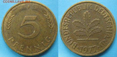 26.Ходячка ФРГ 5 пфеннигов 1949-1995г. - 26.27. -ФРГ 5 пфеннигов 1977 F    166-к11-5166