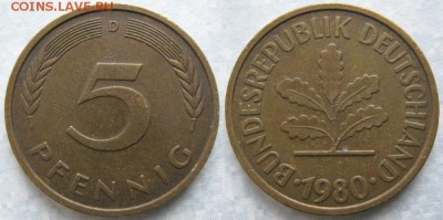26.Ходячка ФРГ 5 пфеннигов 1949-1995г. - 26.31. -ФРГ 5 пфеннигов 1980 D    6971