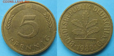 26.Ходячка ФРГ 5 пфеннигов 1949-1995г. - 26.32. -ФРГ 5 пфеннигов 1980 G    166-к11-5165