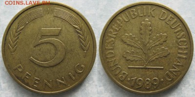 26.Ходячка ФРГ 5 пфеннигов 1949-1995г. - 26.37. -ФРГ 5 пфеннигов 1989 J    6796