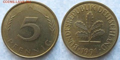 26.Ходячка ФРГ 5 пфеннигов 1949-1995г. - 26.38. -ФРГ 5 пфеннигов 1991 A    6985