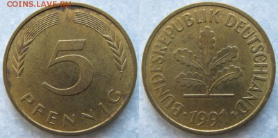26.Ходячка ФРГ 5 пфеннигов 1949-1995г. - 26.39. -ФРГ 5 пфеннигов 1991 J    6994